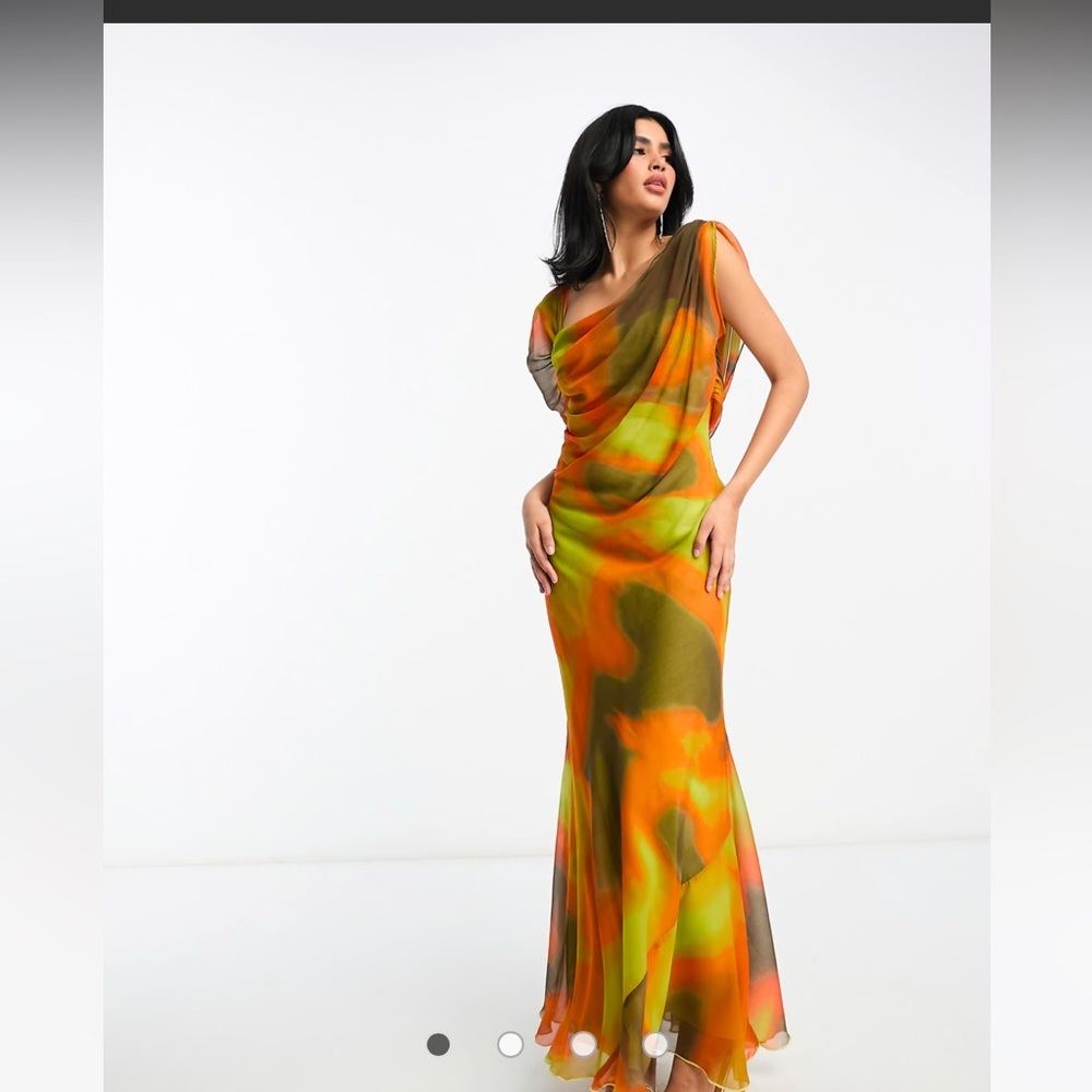 ASOS DESIGN drape one shoulder maxi dress in yellow blurred abstract print